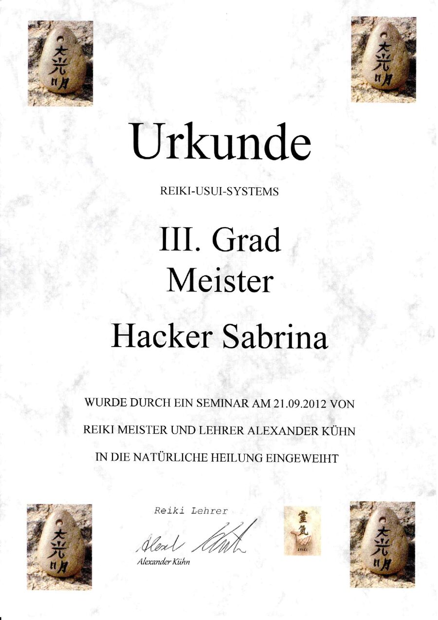 Reiki Urkunde III. Grad Meister
