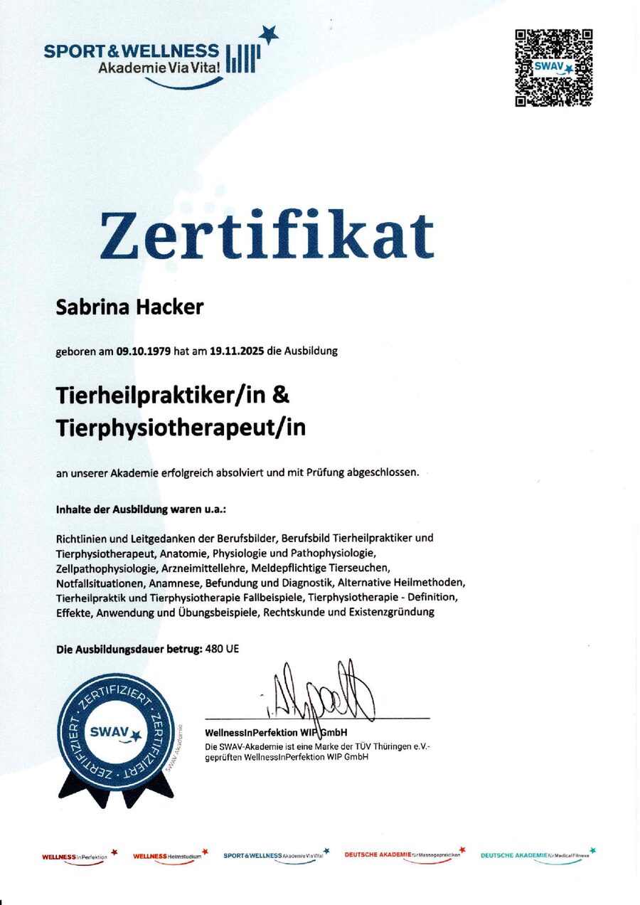 Zertifikat Tierheilpraktiker/in & Tierphysiotherapeut/in